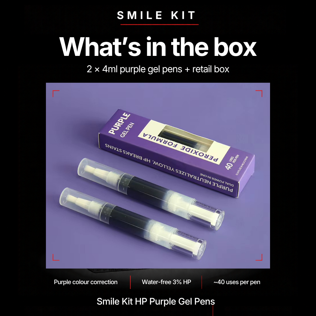 What's in the box — 2 × 4ml purple gel pens and retail box