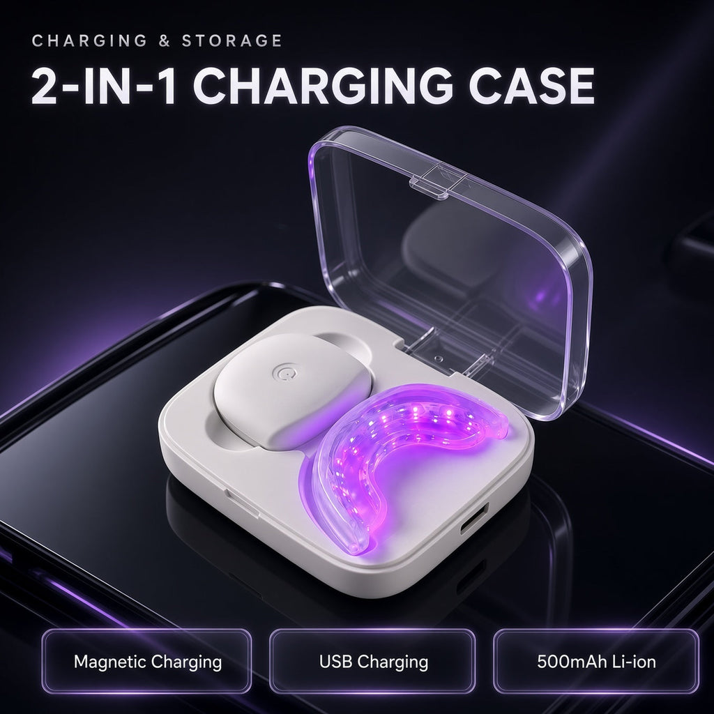 A 2-in-1 wireless earbud charging case shown open on a dark reflective surface, with a curved earbud inside a purple LED light therapy lamp. Text at the top reads '2-IN-1 CHARGING CASE' and feature badges at the bottom mention magnetic charging, USB charging, and 500mAh Li-ion.