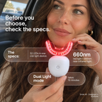 Woman with Oral Red Light device, specs graphic